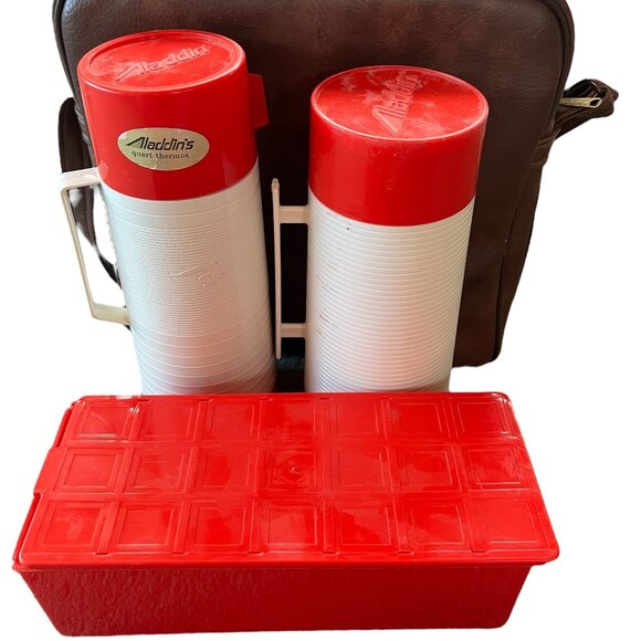 Vintage Aladdin Picnic Lunch Box Dual Thermos Lunch Box Set Brown Carry Bag MCM - Picture 1 of 5